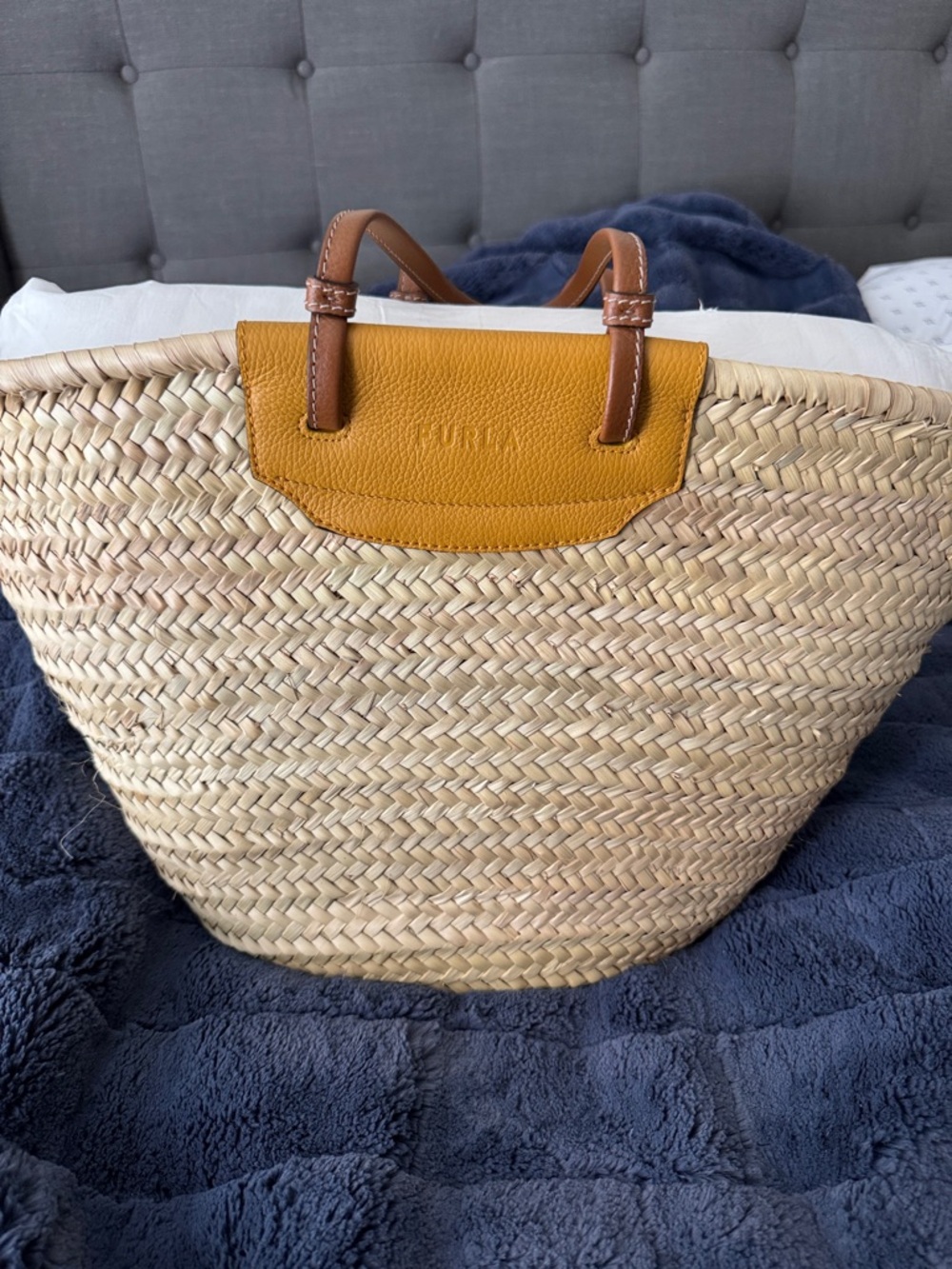 Furla Yellow Woven Tote with Tan Leather Handles - Picture 6 of 12
